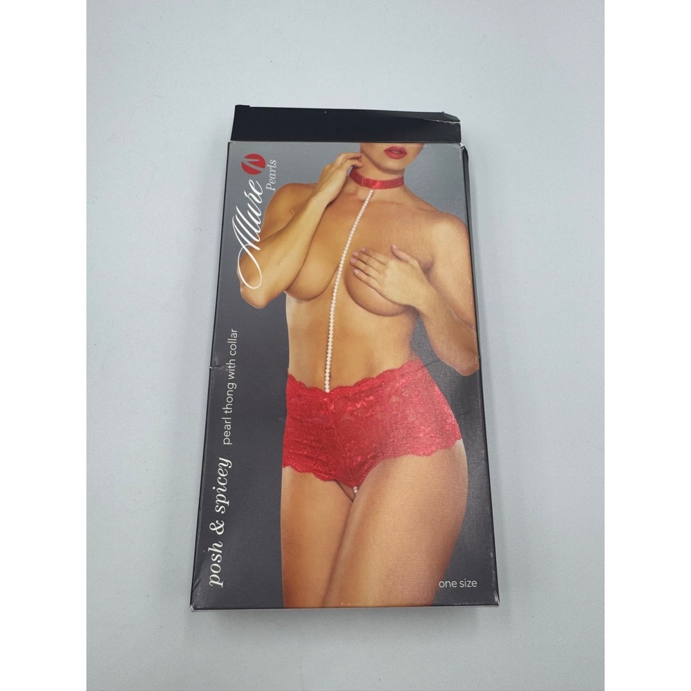 Allure Posh & Spicey Panty Women Red Lace High Waisted Pearl Thong w/ Collar NWT